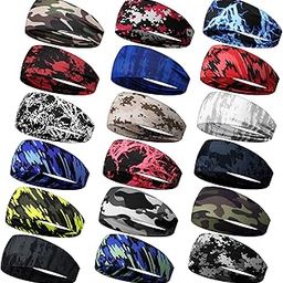 Wavyknot 18 Pcs Sports Sweatbands for Men Women Camo Headbands Workout Non Slip Headbands Breathable Head Band Fitness Stretchy Unisex Hairband for Yoga Running Cycling Ball (Stylish)-image-62