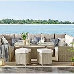 DEVOKO 6-Piece Outdoor Patio Furniture Set Wicker Sectional Sofa, Ottomans, Cushions, Center Table for Porch, Lawn, Garden, Backyard (Beige & Cream)-image-90