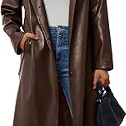 Womens Long Lapel Faux Leather Open Front Trench Coat Blazer Belt-22