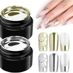Chrome Gel Nail Polish Set: Metallic Gel Nail Polish, Silver and Gold 3D Metal Painting Gel for Nail Art Soak off UV/LED Glossy Mirror Effect Nail Glue Gel for Home Salon DIY Manicure（2pcs）-6