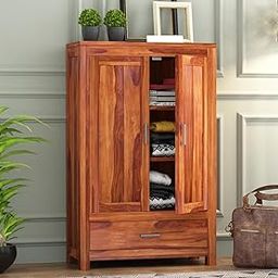MANNAT ARTS Wooden 2 Door Wardrobe Organizer for Storage with 1 Drawer & 3 Shelves Storage - Solid sheesham Wood Cupboard for Bedroom - Wooden Almirah Organizer for Clothes Storage (Design 27)-image-80