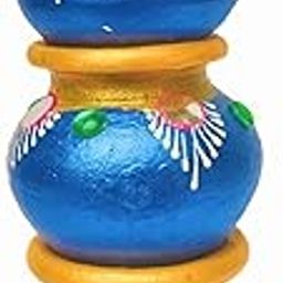 Handmade Terracotta Kubera Lakshmi Pot Set of 3 with a lid – Kharbooja Clay Pots for Pooja, Gifting & Storage | Eco-Friendly Earthenware, Religious & Decorative Use (Blue and Yellow)-image-17