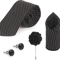 Solid Micro Self Silk Necktie Gift Set With Pocket Square Cufflinks & Brooch Pin Formal Tie With Box-image-5