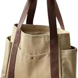 Ladies Cotton Canvas Tote Bag with Zipper, Multiple Pockets, Large Capacity, Outer Bottle Pockets on Both Sides, Suitable for Commuting, Shopping, Office, College-image-27