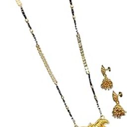 Ethnic Artificial Stone Embedded Mangalsutra Set with Earrings | Gold Plated Pendant with Dual Bead Design | Indian Wedding Jewelry for Women-3