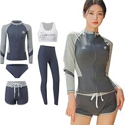 Women's Swimsuit, Body Cover, 5-Piece Set, Rash Guard, Women's, Swimsuit, Leggings, Long Sleeve, Open Front, Separate Swimming Pants, Bra, Fitness, Women's, Hot Springs, Beach, Swimming, UV-image-18