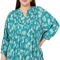 Women Green & White Pintuck Leaf Print Puff Sleeves Plus Size Top-image-63