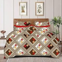 JYOTEX Floral Diamond Pattern Bedsheet Set with 2 Pillowcases, Brown and Red Geometric Design, Double Size-image-86