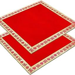 Rushville Velvet Aasan Mat | Pooja Aasan Mat | Golden Lace Satya Prayer Mat | Traditional Chowki Prayer Mat |Size : 12 x 12 Inch|Pack of 2 (Red)-picture-5