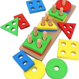 Toyshine Wooden 4 Angle Geometric Building Blocks Building Stacker Shape Sorter Column Puzzle Stacking Toy Set Kids, Pack of 21-17