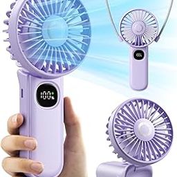 coldSky Mini Portable Hand Fan, 3000mAh Rechargeable USB Small Desk Fan with LED Display, 90° Foldable Cooling Fan with Lanyard Neck Fan for Women, Makeup, Office, Travel, Outdoor (Purple)-0