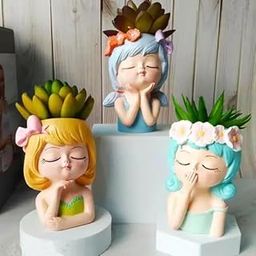 Head Planter Pot Resin Succulent Planter Little Girl Flower Pot, Human Face Cactus Plants Container Bonsai Holder Thumb Pot Fairy Figurine Statue Planters with Drainage Decor Gift (Colorful)-image-75