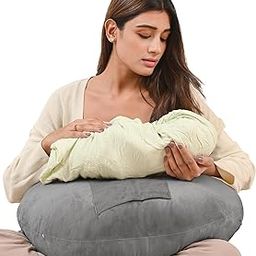 Cherilo Feeding Pillow for New Born Baby with Adjustable Belt & Milk Bottle Holder Pouch, 2in1 Nursing Pillow for Breastfeeding & Tummy Time, Premium Velvet Cover with Zip-Grey-image-47