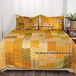 Ravaiyaa - Attitude is everything Handmade Kantha Work Bed Cover Traditional Patchwork Quilt Double Bedspread Gudari Silk Bedding Quilt Comforter Ralli (Yellow, King)-image-22