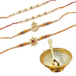 Collectible India Floral Design Elegant Rakhi & Gift Set for Brother Bhabhi [Gift Combo - Lumba Kada Rakhi with Brass Bowl with Velvet Box, Pair Rakhi,& Greeting Card-1