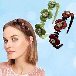Floral Designer Hairband Set for Girls & Women | Stylish Resin Flower Headbands with Rhinestones | Fancy Hair Accessories for Party, Casual, Daily Use | Multicolour (Pack of 2)-image-5