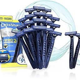 LetsShave Pro 2 Plus Disposable Shaving Razor For Men, Pack of 16 + 4 Free, Stainless Steel Shaving Blade Made In South Korea, Open Flow Twin Razor Blade With Pivot Head and Safety Cap | Manual Shaving Razor for Men-16