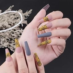Secret Lives® acrylic press on nails designer artifical nails extension matte grey pink with mustard color & black design fake nials design 24 pieces set with glue sheet-16
