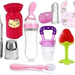 XIIAA Baby Combo Set of-9 Items [Steel Bottle,Bottle Cover,Silicone Spoon,Silicone Food Feeder,Fruit Feeder,Finger Toothbrush,TEETHER,NOSAL and BIB] (Pink)-image-41