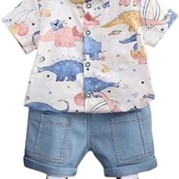 Baby Boys Half Sleeve Dinosaur Printed Cotton Shirt with Shorts Clothing Set for Kids-image-9