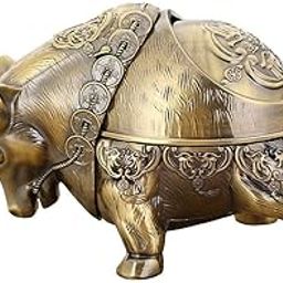 Vintage Ashtray with Lid, Metal Windproof Cigarettes Ashtray Ash Holder Tabletop Decorative Ornament for Indoor and Outdoor Use (Bull) (golden)-image-26