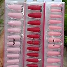 Professional Press-On Nails Set, 12 Pieces, Light Pink and Red Coffin Shape, 3 Pack-image-88