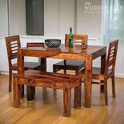 THE WOODEN CITY Solid Sheesham Wood Dining Table 4 Seater Dining Table Set with 3 Chairs & 1 Bench Dinner Table Set for Dinning Room Home,Hotel and Office| Honey Finish-image-65