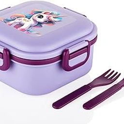 ATTRO Quick Bite Unicorn Magic Lunch Box Box with 3 Compartment Fork & Spoon BPA Free Food Grade Ideal for Kids School, Picnic & Outdoor- 800ml Lavender, Plastic-24