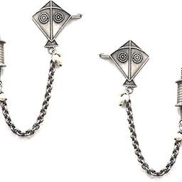 India Earcuffs for Women and Girls | Silver Platted Kite and Charki Earrcuffs Earrings For Women & Girls | Bugatti Earrings Oxidised Silver | Pearl Earrings With Earrcuffs For Women and Girls-image-13