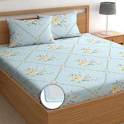 DREAMLET Glace Cotton Feel Fitted Double Bedsheet with 2 Full Size Pillow Covers | Double Bed Breathable | Wrinklefree | Ultrasoft 210 TC Supersoft |90 x 100 Inches (Sky Blue, Fitted)-image-93