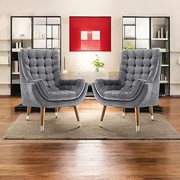 TIMBERNEST- Valencia Tufted Wing Chair in Grey Color with Velvet Fabric | Wing Back Sofa for Living Room | Luxury Rest Chair- 1 Seater High Density Foam, Seating Furniture (Pack of 2)-image-25