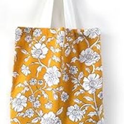 Floral Canvas Tote Bag, Yellow and White Pattern, Long Handles (Set E)-image-99