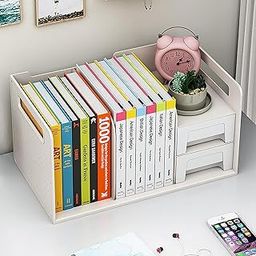 Desktop Bookshelf,Plastic Storage Organizer Book Rack Magazine Cds Bookshelves,Desk Top Small Book Rack for Home Office Study-White | 36 X 20 X 18 Cm | Multi-3