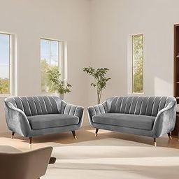 TANAVE Nayra 3+2 Seater Velvet Chesterfield Sofa Set in Dark Grey | 5 Seater Luxury Sofa for Living Room | Solid Sal Wood Frame | Channel Tufted Back | Three Seater + Two Seater Furniture-4