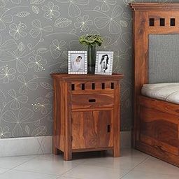 GF Furniture Solid Sheesham Wood Bedside Table with Drawer & Door Cabinet | 60x45x30 cm | Natural Finish | Traditional Indian Style-image-5