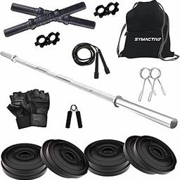 Amazon Brand - Symactive 16 KG PVC Home Gym Set with One 4 Ft Plain and One Pair Dumbbell Rods with Gym Accessories, Black-image-47