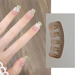 S.A.V.I Long Coffin Press-On Nails - 24 PCs Gradient Nude & Green with 3D Butterfly Charm | Reusable Fake Nails for Women | Stylish Nail Art for Weddings, Parties | Durable & Chic-2