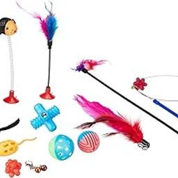 amazon basics Cat Toy Set | 13 Interactive Toys | Spring Mouse | Feather Stick | Fishing Rod | Rattling Bells | Playing Balls | Feather Balls | for Kittens & Cats (Multicolour)-21