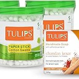 Tulips Combo Pack of Paper Stick Cotton Ear Buds 100 Jar (Pack of 3) paired with free Handmade Bathing Bar Soap, Chandan Kesar 125 g-3