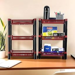 Kuber Industries Pack of 2 Multipurpose Racks For Storage | 3-Tier Kids Toy Organizer/Under Wash Basin & Office Storage cabinet & Shelves | Maroon-3
