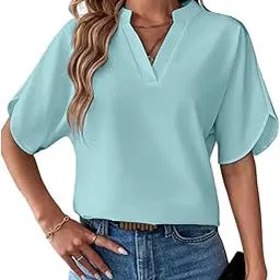 indoprimo Women's Soft Poly Cotton Top with Half Butterfly Sleeves Mandarin Collar V Neck Solid Pattern Regular Fit and Standard Length-picture-15