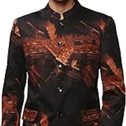 SHOWOFF Men's Mandarin Collar Printed Black Bandhgala Blazer-SOBLZ-083-8_Black-picture-3
