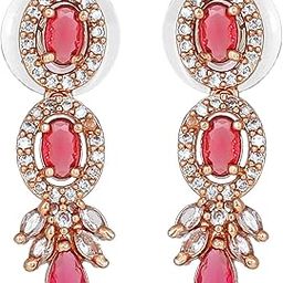 Rose Gold Plated CZ Shimmering Drop Earrings with Tourmaline Pink Stones for Women-image-46