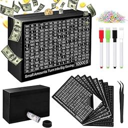 Wooden Money Saving Box 10000 Savings Challenge Box with 8 Targets $500-$10k Cash Vault Wooden Savings Box Piggy Bank for Kids Reusable Coin Bank with Dry Erase Pen/Savings Trackers/Rubber Band-Black-image-33