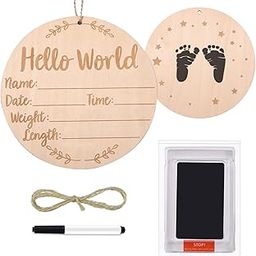 SAVITA Baby Announcement Sign set, 5.9 inch Hello World Newborn Double Side Wooden Birth Ink Pad and Maker Pen Name Personalized Gifts Nursery Hospital (B33026)-image-98