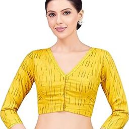 Women's Cotton Ikat Readymade Saree 3/4 Sleeve Blouse With Crochet Work-image-29