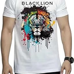 Mens Black Lion Graphic T-Shirt Color Splash Print Round Neck Half Sleeve-image-15