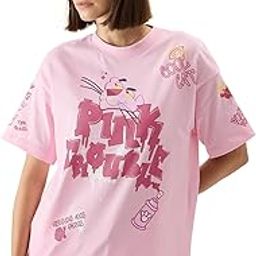 Official Pink Panther: Pink Trouble Women and Girls Short Sleeve Round Neck Pink Graphic Printed Cotton Oversized T-Shirts-image-129