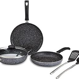 Amazon Brand - Solimo 6 Piece Non-Stick Cookware Set | Granite Finish | Induction Base | PFOA Free | HTR Exterior Coating | 25cm Tawa, 22 cm Kadai, 22cm Fry Pan, 1 Glass Lid & 2 Nylon Spatulas | Grey-3