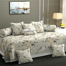 HOMICON Pure Cotton 8 Pieces Diwan Cover Set with 1 Single Diwan Bedsheet, 2 Bolster Covers and 5 Cushions Cover, Beige-28